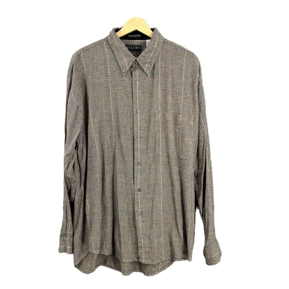 Bugle Boy‎ Brown Plaid Pocket Long Sleeve Vintage Mens Shirt Size XL